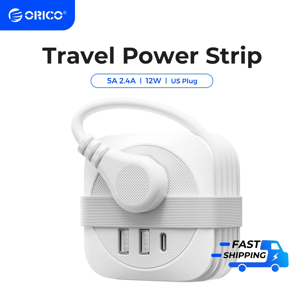 ORICO US Power Strip Travel Adapter Smart Plug Multiple Extension Socket with 2 USB Ports Type C Fast Charge for Travel Office