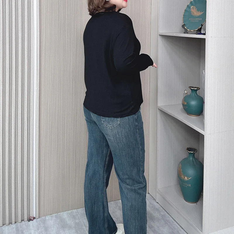 Women's Long Sleeve Basic T-shirt, Loose Tees, V-neck, Split Buttons, Temperament Tops, New, Plus Size, Autumn, Winter, 2431