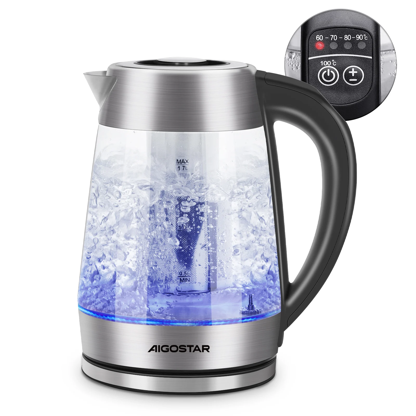 Aigostar Cris-czajnik, szkło borokrzemianowe z zaparzaczem do herbaty, 5 ustawień temperatury, 1,7l, 2200W, funkcja utrzymywania ciepła, LED lighti