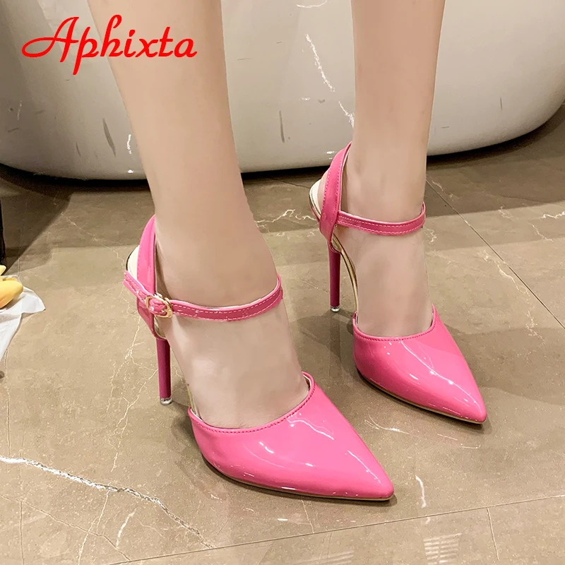 Aphixta Summer 12cm Super High Stiletto Heels Ankle Strap Sandals Women Hollow Pointed Toe Party Heels Shoes Plus Size 48