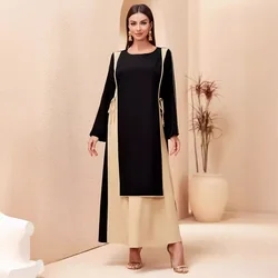 Abaya Ramadan Dubai Color Block Long Sleeve Kaftan Dress, Elegant Tied Waist Ankle Length A-line Dress, Women's Clothing