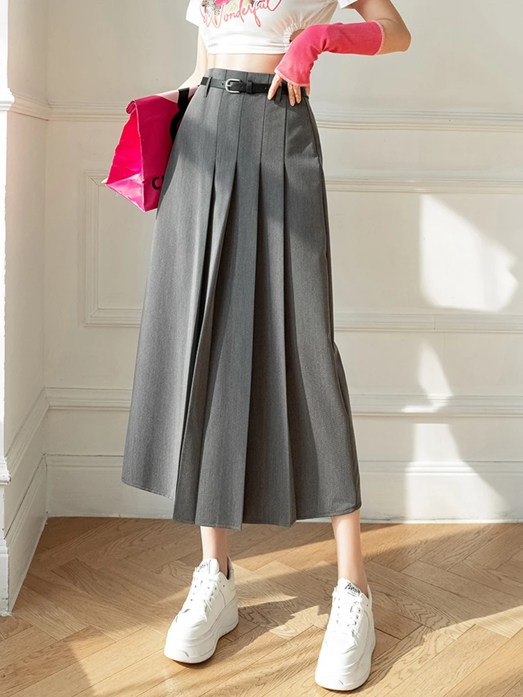 Black Beige Gray Pleated Long Skirts For Woman Autumn
