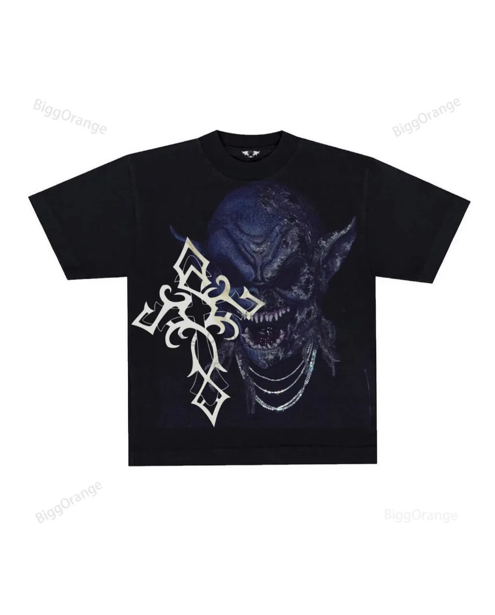 

High Street Style Cross Devil's Thrilling Pure Cotton T-shirt Printed Spring Fit Casual Street Short Sleeve Men's and Women'sTop