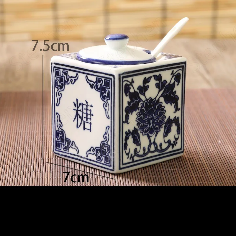 Blue and White Ceramic Canister Set Kitchen Chinese Vintage Spice Jars Salt Sugar Monosodium Glutamate Vinegar Chili Soy Bottle Seasoning jar,seasoning bottle organizer