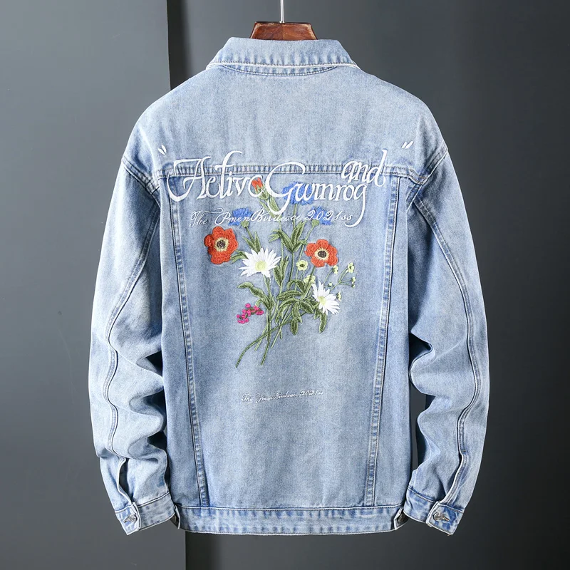 

Autumn New Blue Embroidered Denim Jacket Fashion Loose Dropped Shoulders Casual Coat Male Retro Jean Jacket Streetwear