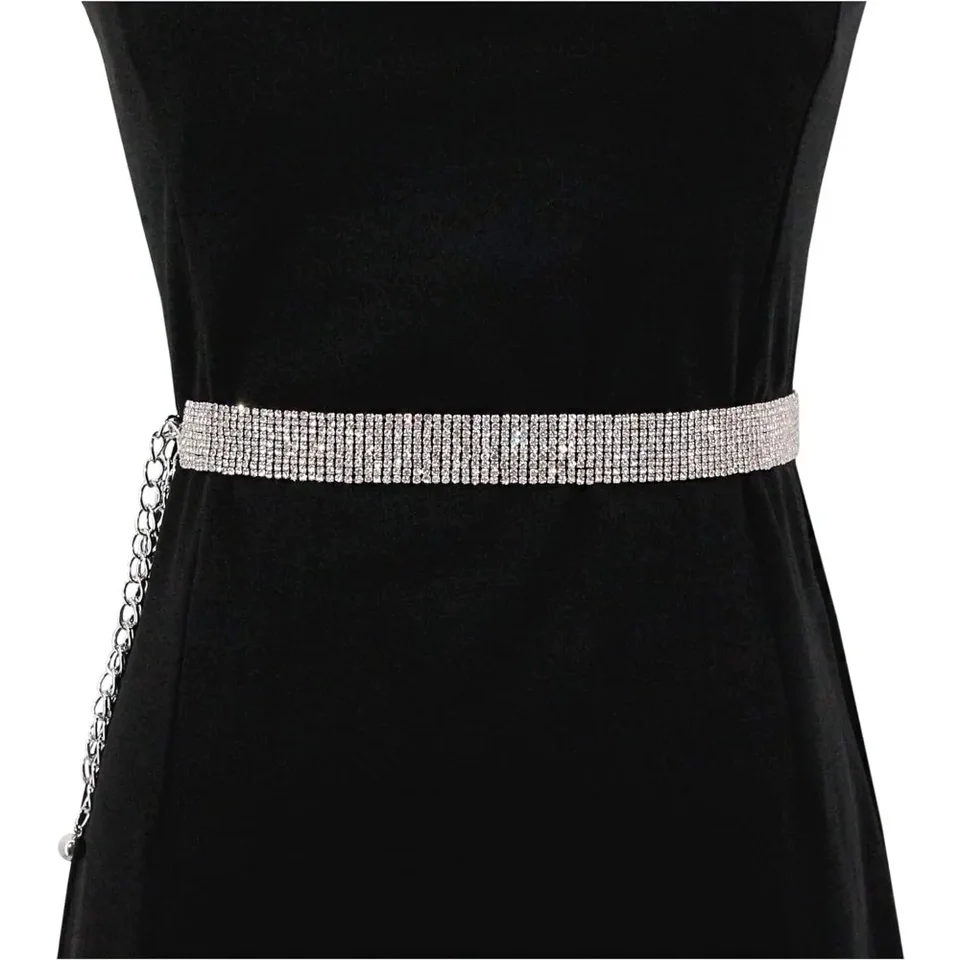 Quilax Cintura con brillantini, cintura in vita regolabile, con strass, in argento, con brillantini, per abito da sera, abiti, con strass, da sposa, jeans