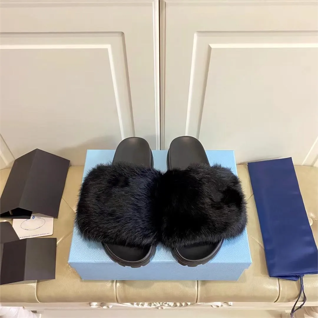 2023 New Wool Mop Flat-bottomed Slippers Summer Super Versatile Warm Bottom Women Shoes Big Size 35-42