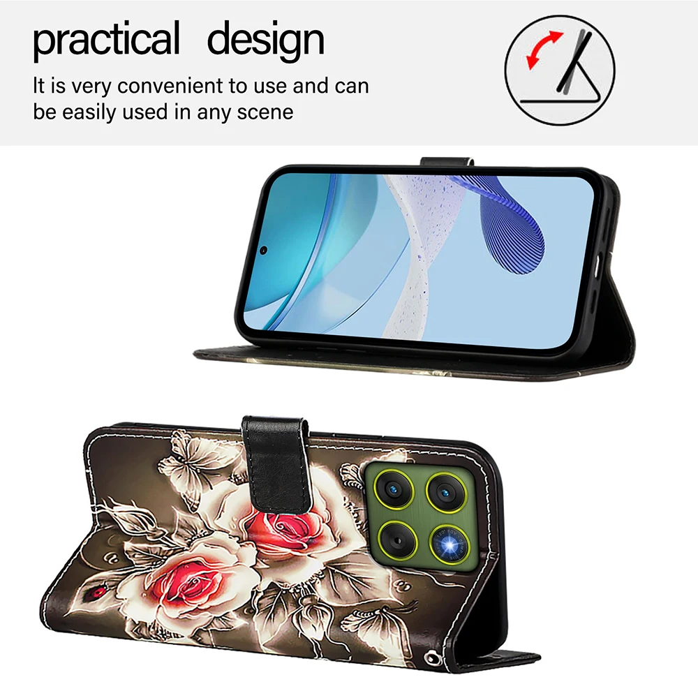 Chic Painted PU Leather Flip Phone Case with Wallet Stand and Card Holder Strap