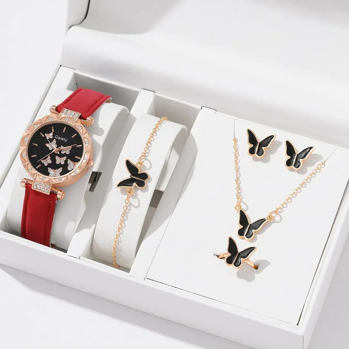 6/1PCS Set Rose Gold Luxury Watch Women Ring Necklace Earring Rhinestone Fashion Wristwatch Casual Ladies Bracelet Watches women watches