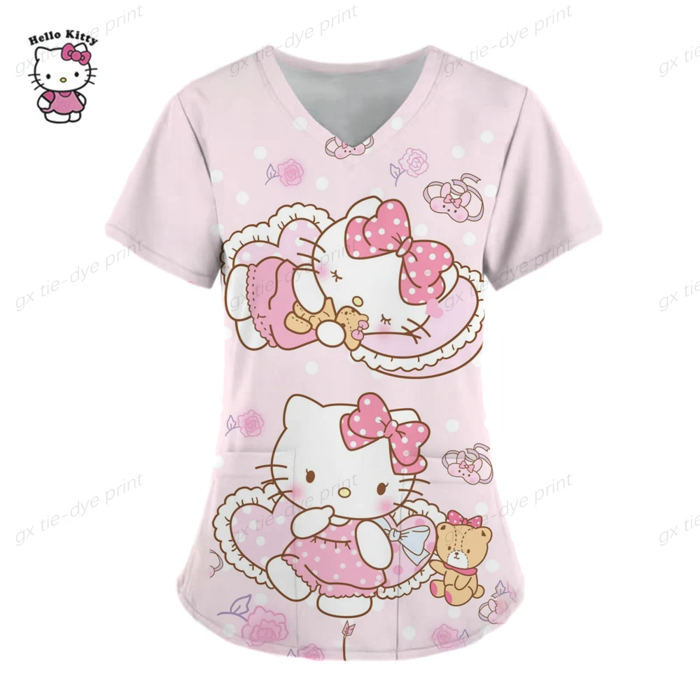 thumbnail image 1 of Camisetas de verano con cuello en V de Hello Kitty, camisetas de hospital para mujer 2023, uniforme de enfermera, ropa de mujer, camisetas con bolsillo, camisetas, 1 of 5