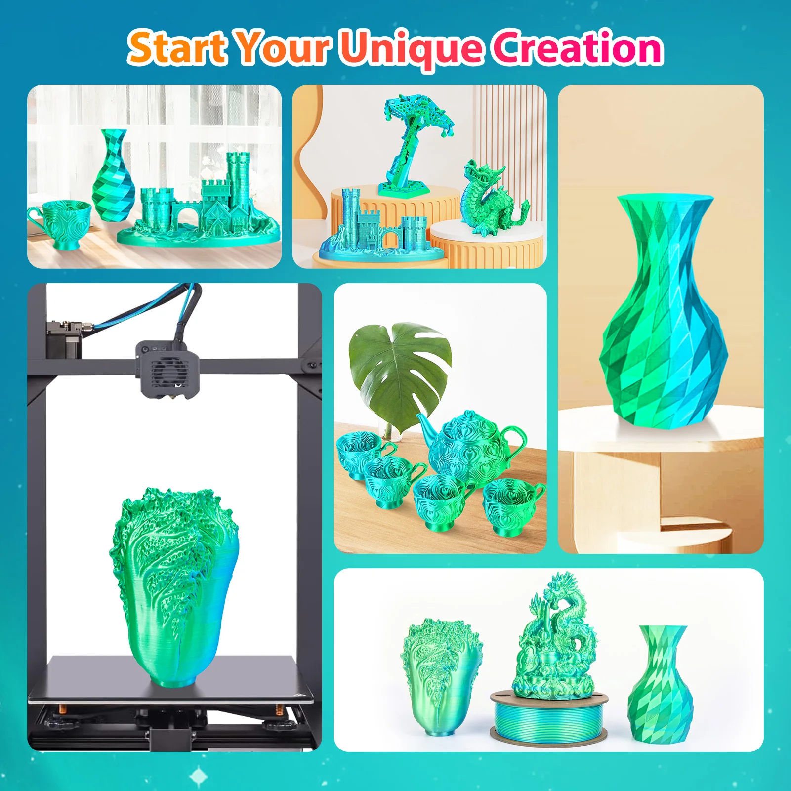 실크 PLA 3D 프린터 필라멘트 1.75mm 250g 이중 색상 3D 인쇄 필라멘트 PLA 3D 인쇄 필라멘트 2 in 1 색상 하늘색 녹색