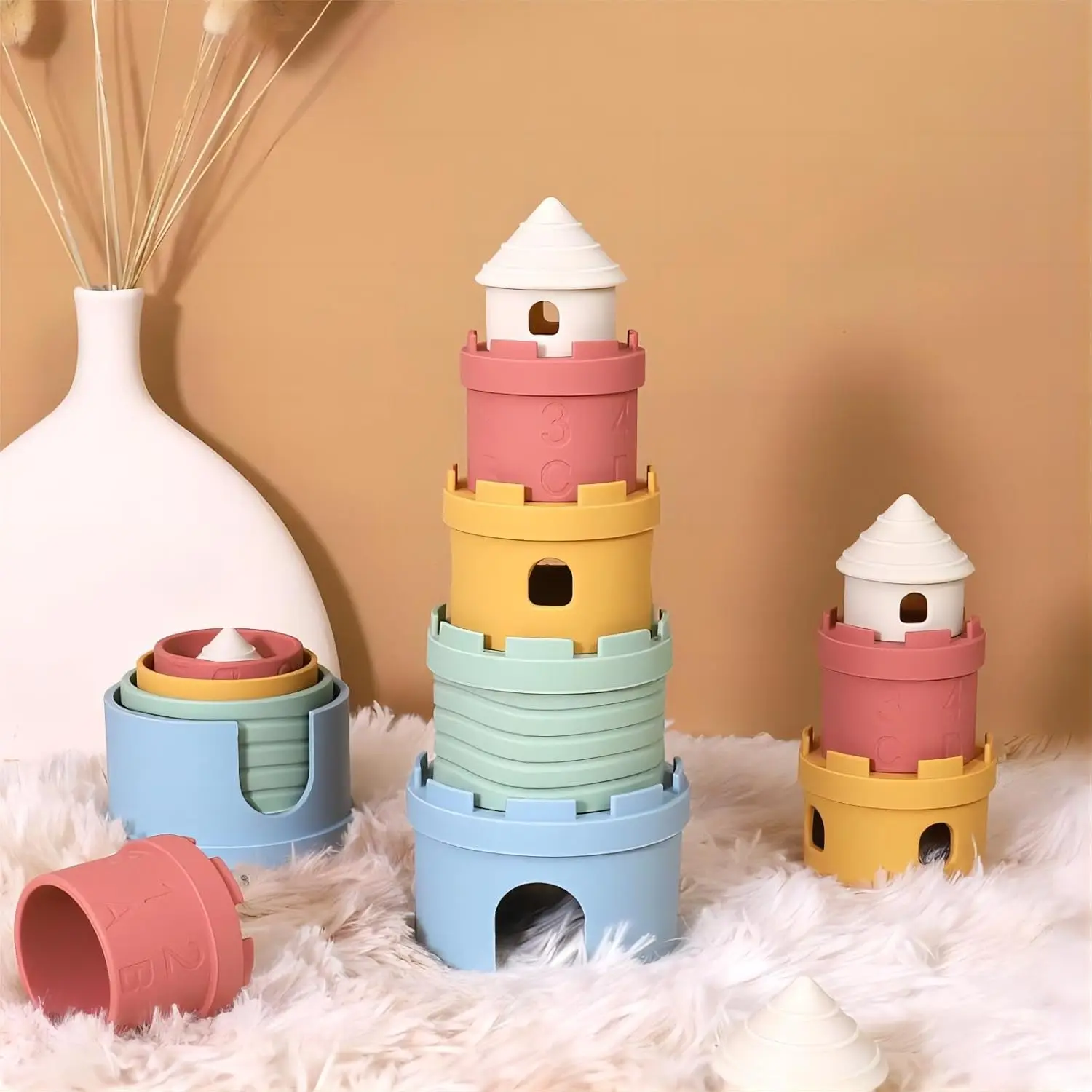 Silicone Stacking Cups Teething Toys for Babies Castle Learning Tower for Infants Toddlers Soft Bath Toy 1-3 Years gift 5Pcs/SET