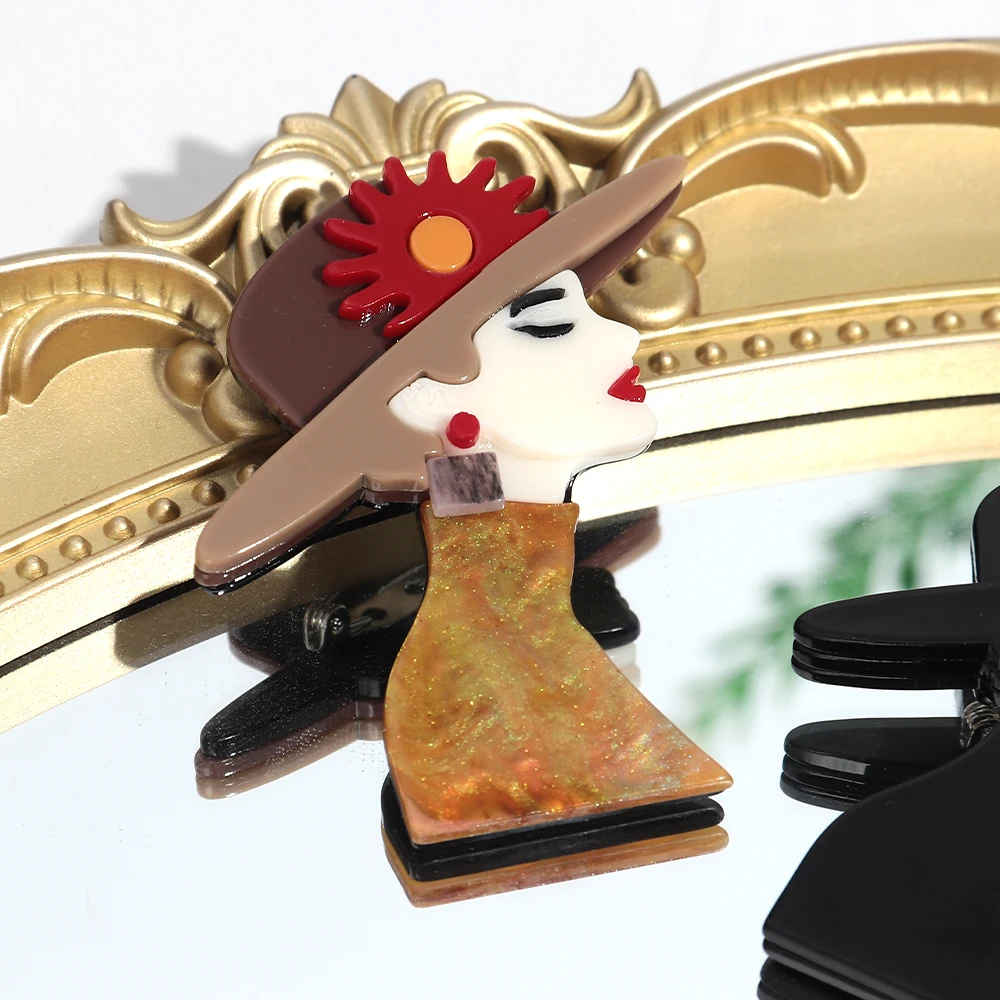 패션 플라워 모자 여성용 레진 브로치 아크릴 우아한 소녀 피규어 배지 핀 사무실 장신구 의류 액세서리 선물