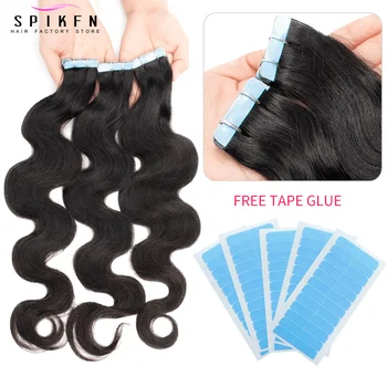 SPIKFN Body Wave Tape in Human Hair Extensions 12-24 inches Natural Black 1B Invisible Tape Extensions 20pcs For Salon Supply