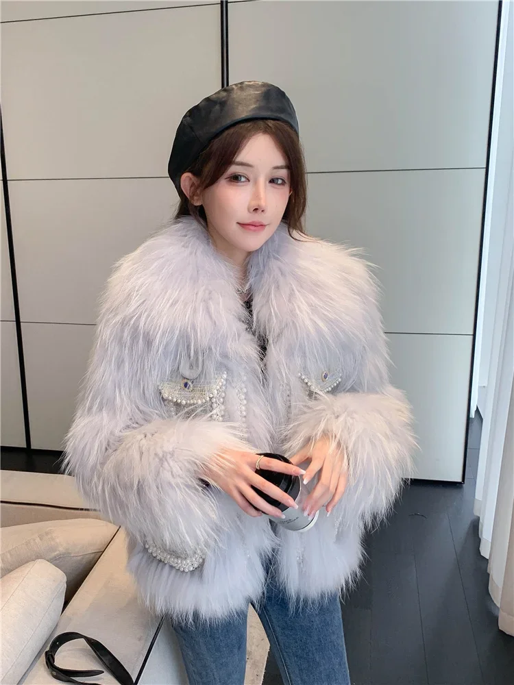 Raccoon Dog Fur Woven Fur Coat for Young Women Short Pearl Rough Weave Winter Sexy Club Thick Warm Fur Knitted 4 Pockets Jackets