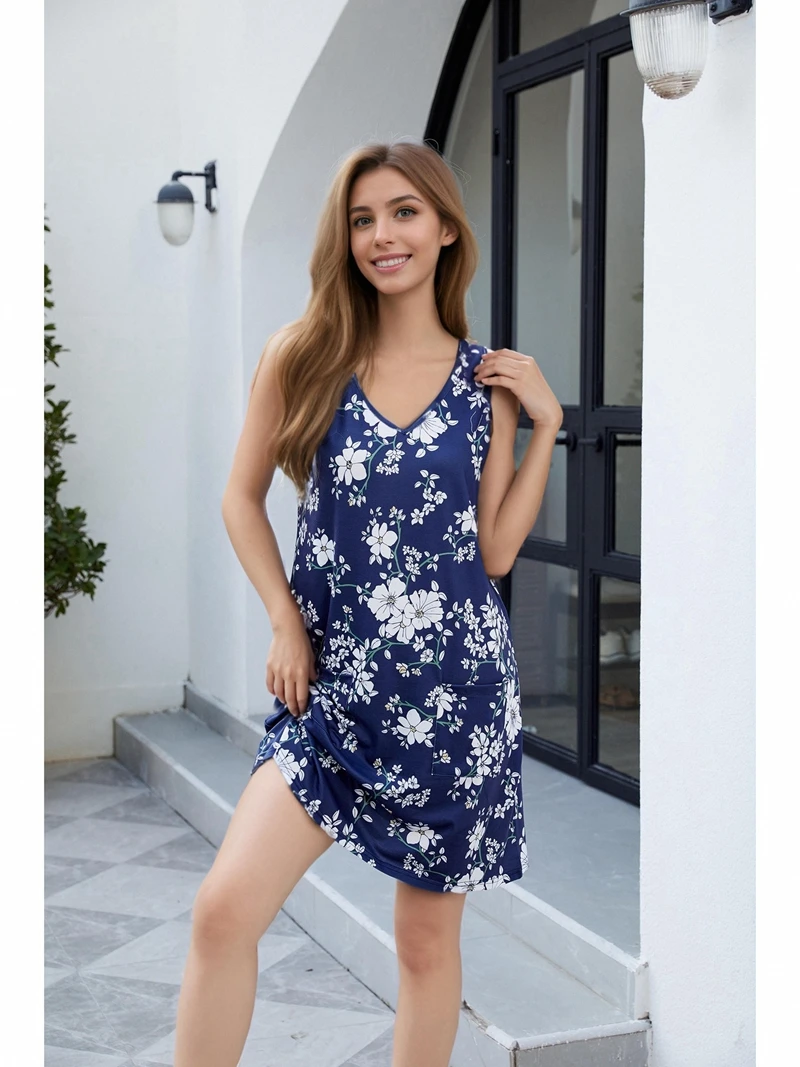 Womens Summer Dresses Loose V Neck Sleeveless Sundresses Swimsuit Coverup With Pockets Floral-N58