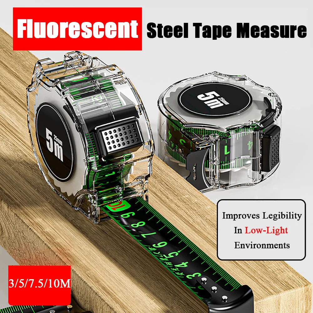 Transparent Fluorescent Tape Measure 3m/5m/7.5m/10m Meters Self Locking Measuring Ruler Thickened Woodworking Measurement Tools