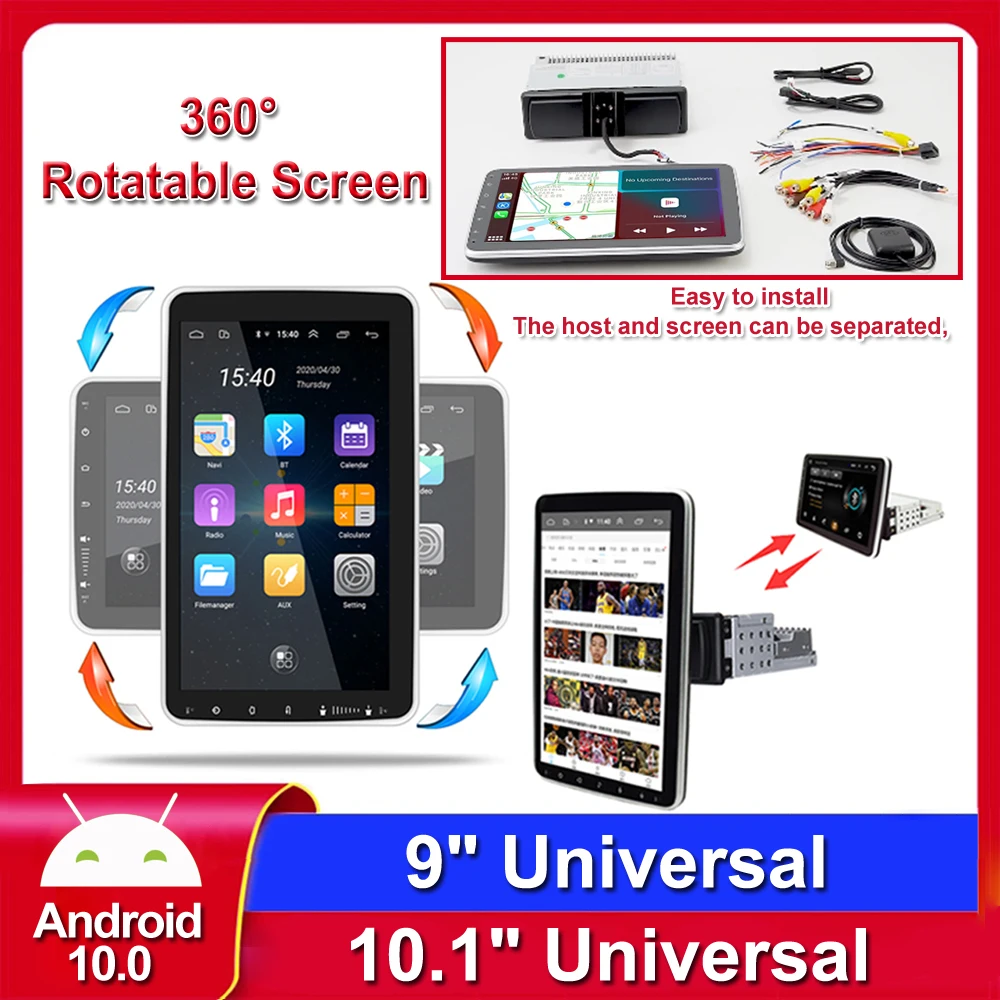 Rotatable 1 DIN Android 8.1 10.1'' Car Stereo Radio GPS WiFi 3G 4G BT MP5 Player 