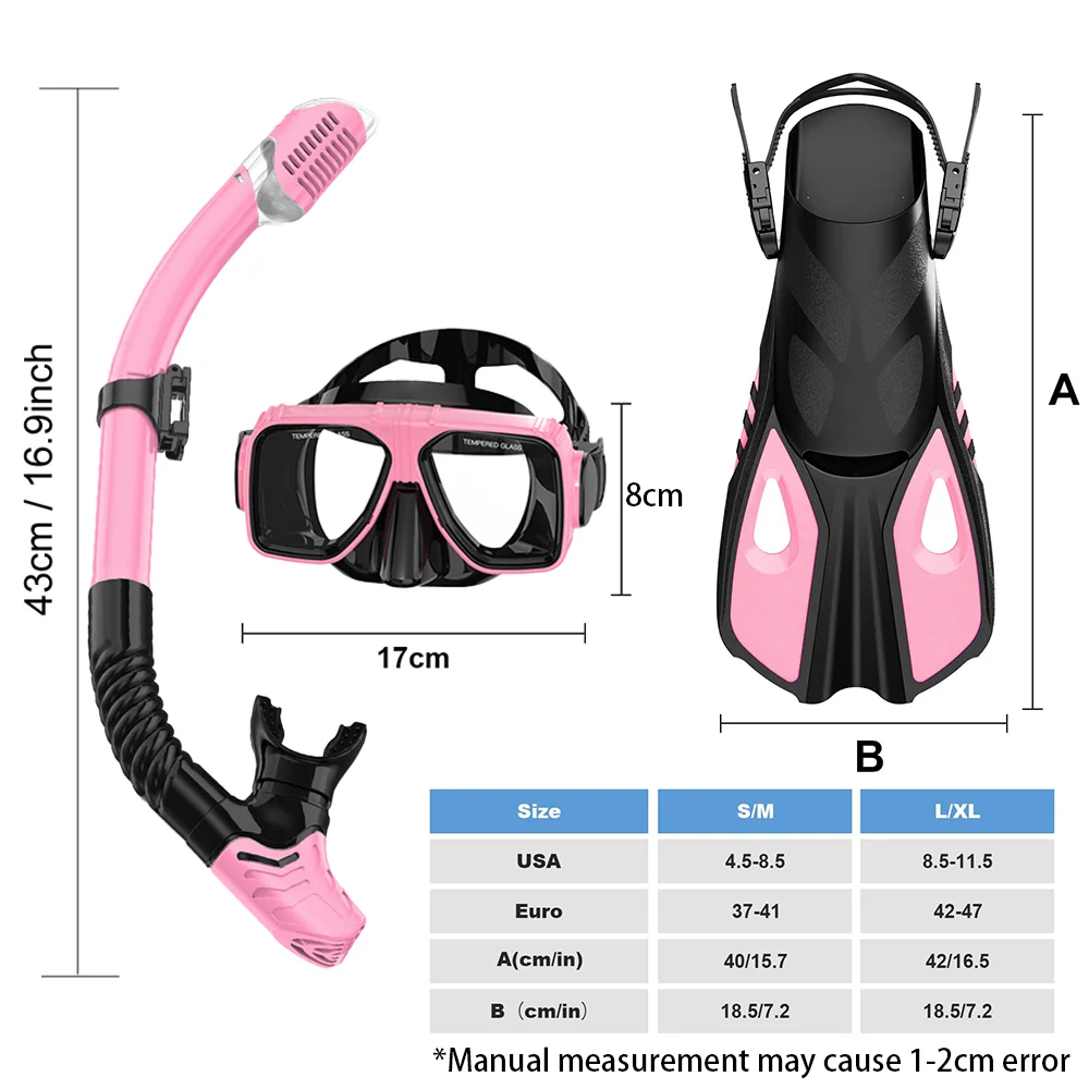 Diving Mask Fin Snorkel Set for Adult Panoramic View Snorkel Mask Adjustable Dive Flipper Dry Top and Travel Bag snorkeling diving mask,diving mask,snorkel set