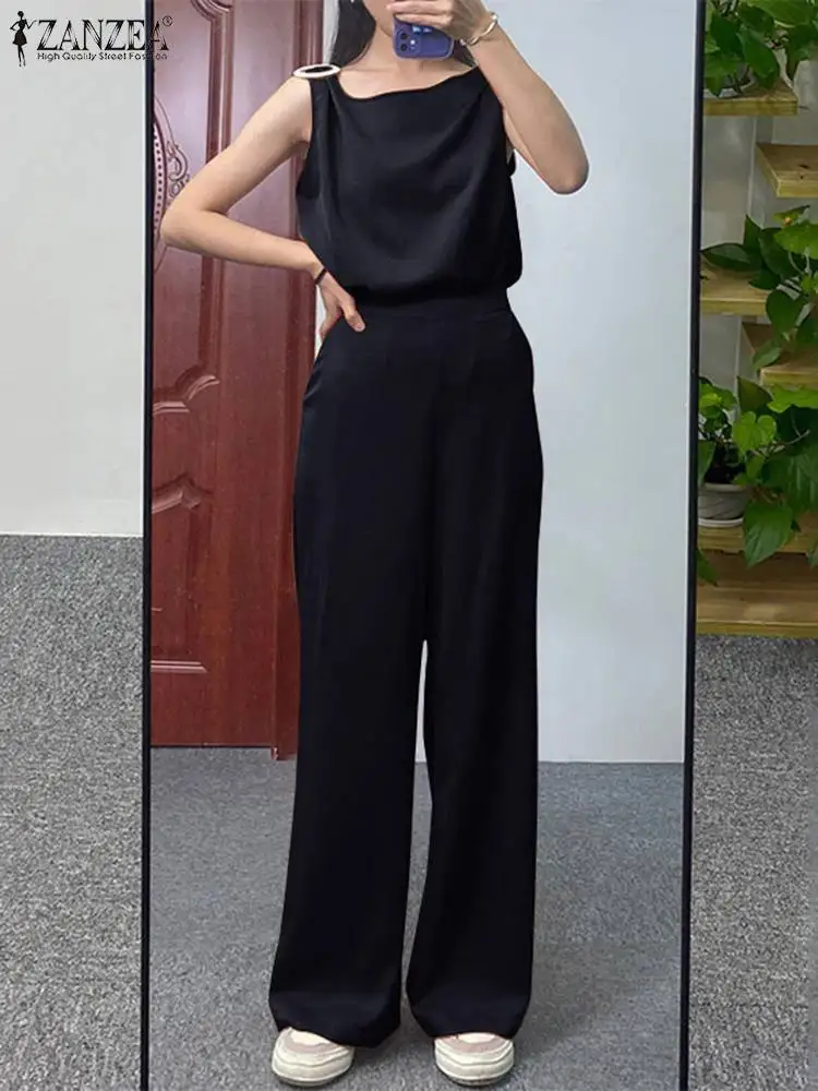 

Костюм ZANZEA женский летний без рукавов, элегантный комплект из топа с круглым вырезом и брюк с широкими штанинами, повседневный уличный костюм оверсайз, 2 предмета