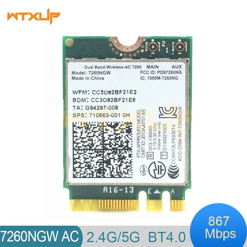 

Б/у 7260AC Wireless-AC 7260 7260NGW двухдиапазонный NGFF M.2 802.11ac 867 Мбит/с wifi + Bluetooth BT 4,0 Wlan Wi-Fi сетевая карта