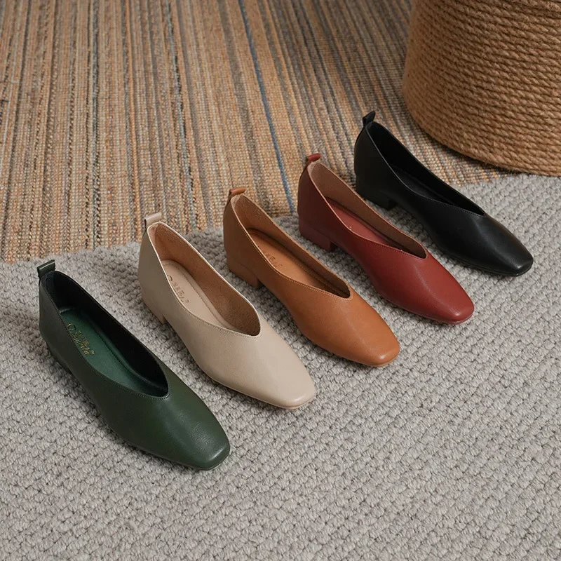 Genuine Leather Multi-color Low-heeled women's Shoes  Round Toe Flat Bottom Shallow Cut Single Shoe Casual Versatile Loafers 2