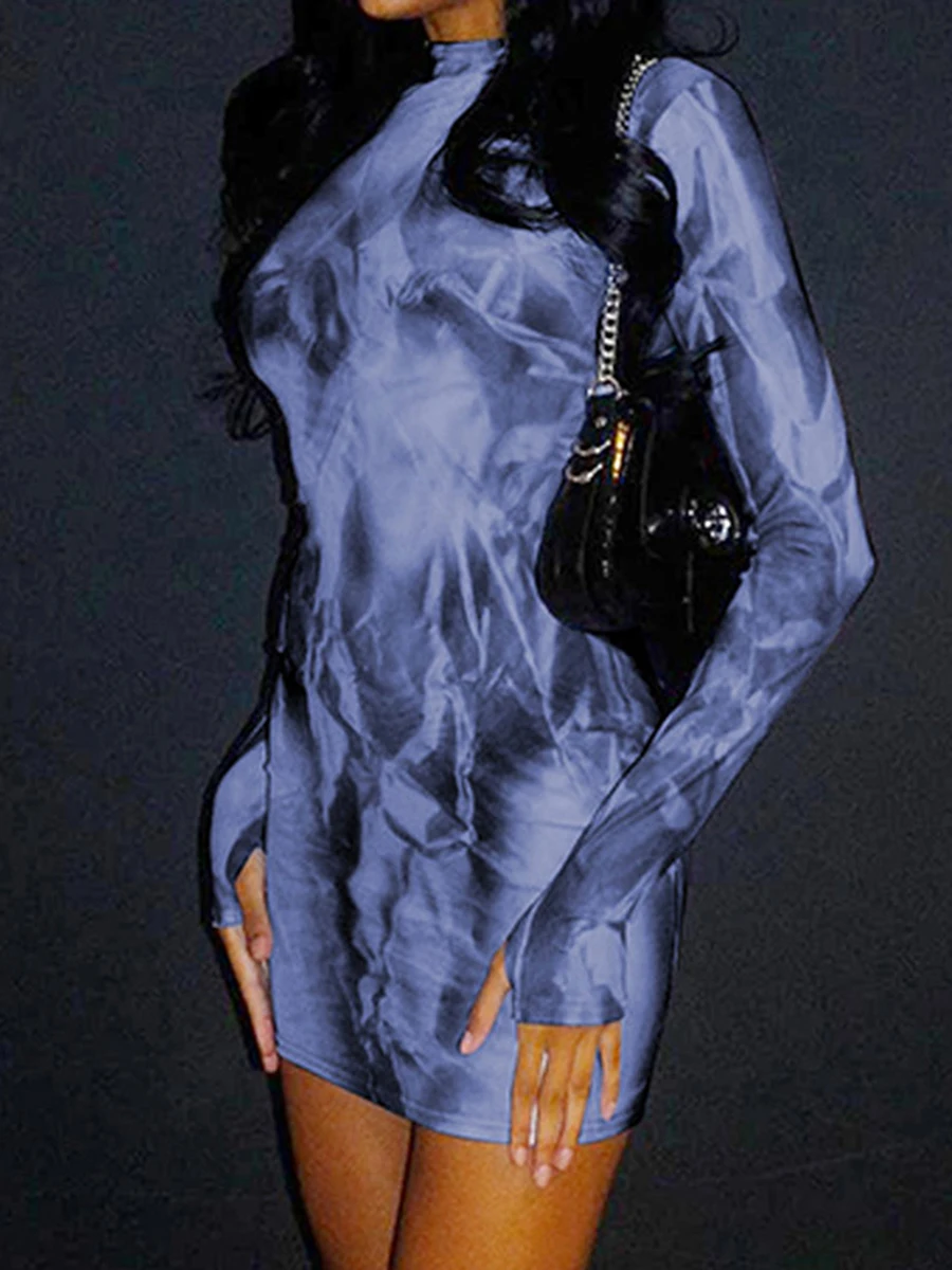 

Blue Tie Dye Long Sleeve Short Dresses for Women 2023 Fall Fashion Sexy Bodycon Dress Night Club Outfits Streetwear