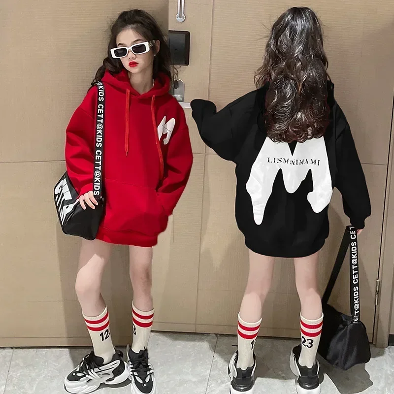 

Girls Hoodie Autumn Loose Letter Hooded Kids Sweatshirts Teen Girl Clothes New Winter Casual Children's Warm Velvet Coat Tops