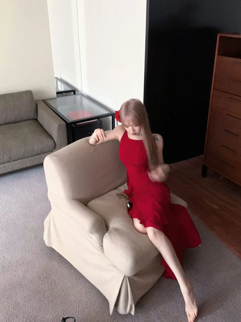 Y2K Red Irregular Womens Dresses Sexy Spaghetti Strap Sleeveless Ruffles Birthday Party Dress Summer Slim Casual Vestidos Mujer