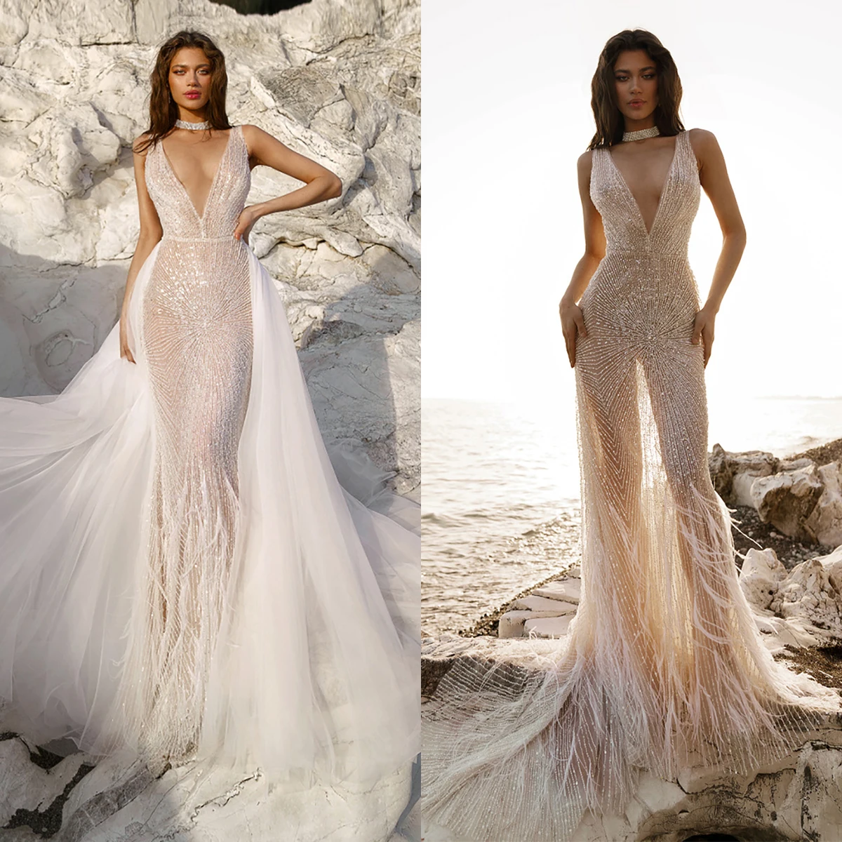 

Sexy Mermaid Wedding Dresses For Women Appliques Bridal Gown V-Neck Feather Sleeveless Detachable Train Backless Dress Customize