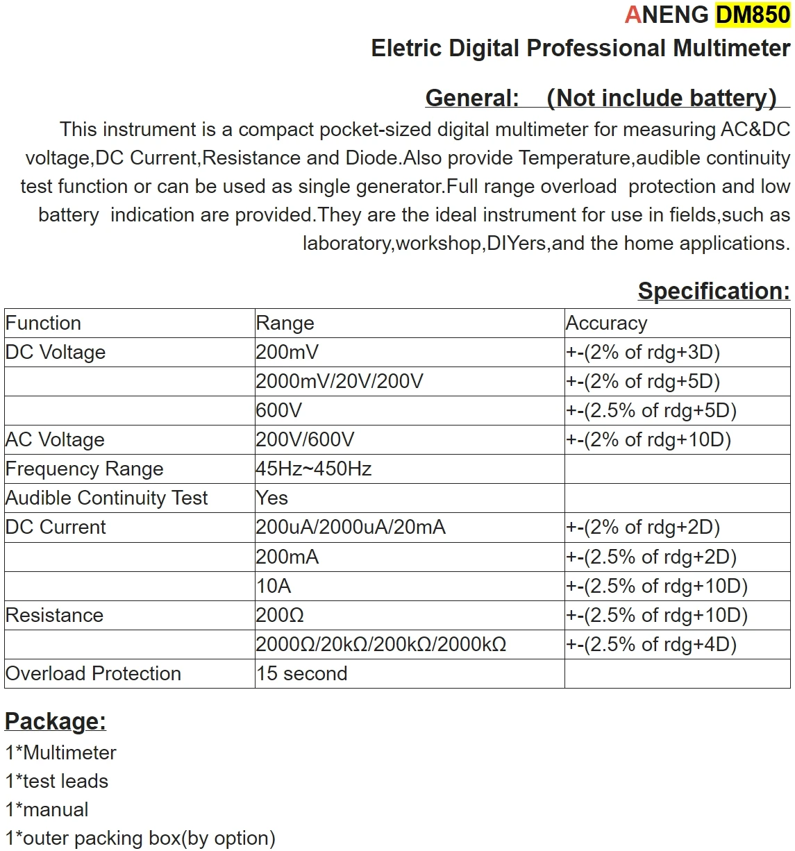 ANENG DM850 Digital Multimeter AC/DC Professional 1999 Votage Tester Ohm Automatic Counts Auto Current Ammeter Detector Tool