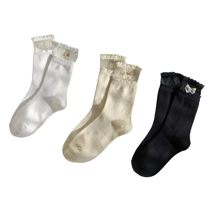 

Women's Bows Socks Ruffle Turn Cuffs Spring Summer Socks Cotton Calf Socks T8NB