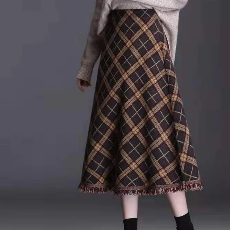 Autumn/Winter Fashion Plaid Mid Length Knitted High Waist A-line Half Length Skirt Slim and Age Reducing Women's Hem Long Dress 1 4 3 8 1 2 high quality filter element is copper oil water separator filter air source processor reducing valve