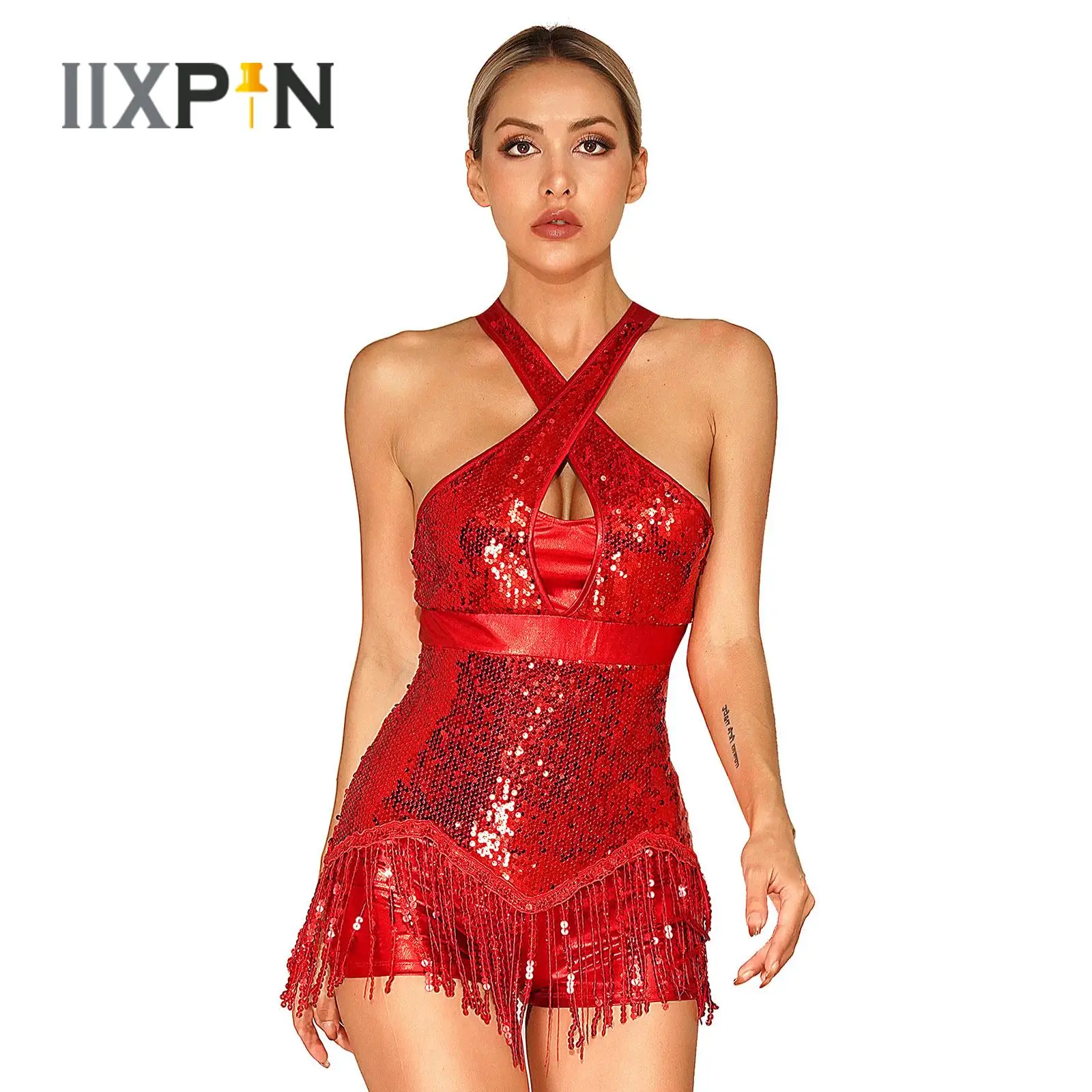 

Womens Sparkly Sequins Tassel Dance Leotard Dress Latin Cha-Cha Jazz Performance Costume Cross Fringed Bodysuit Party Dancewear