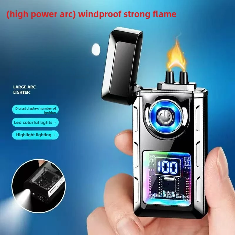2025 Outdoor Lighting High Power Electronic Pulse Windproof USB Lighter Digital Battery Display Color Light USB Electric Lighter