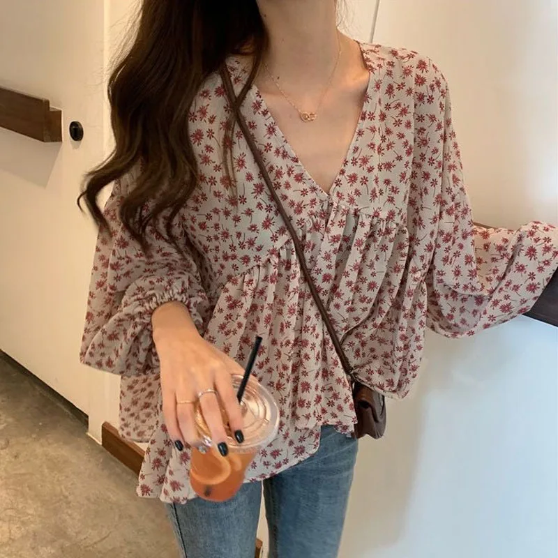 V-neck Chiffon Shirt Women Sweet Tops Blouse 2025 Spring Korean Floral Print Long Sleeve Casual Loose Slim Lady Clothes New 9307 5
