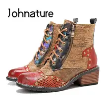  Johnature 2023 New Genuine Leather Shoes Women Boots Round Toe Retro Handmade Zip Leisure Sewing Concise Ankle Platform Boots 