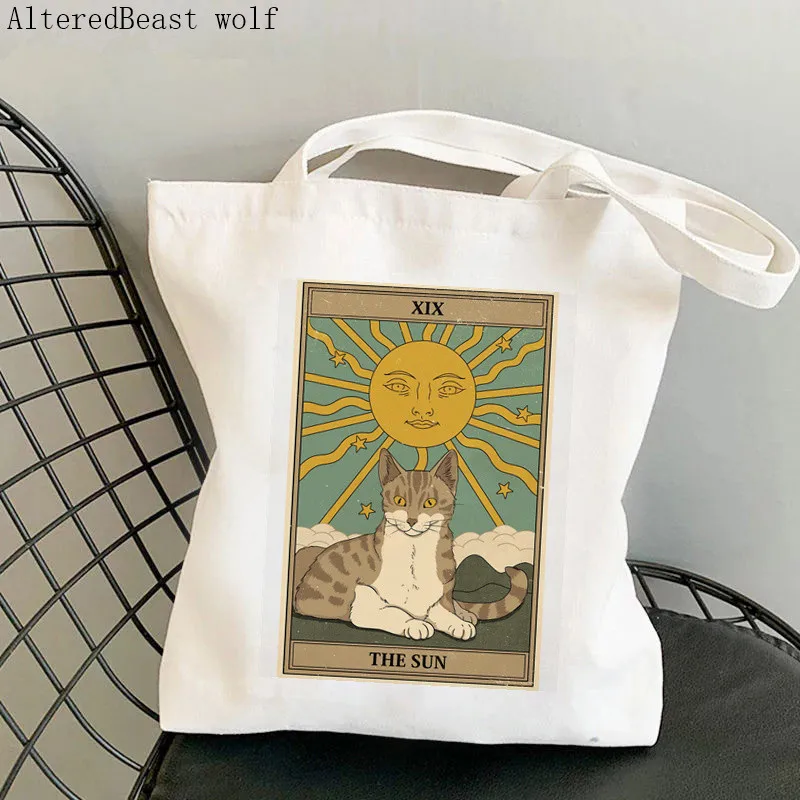 Women Shopper bag Two of Pentacles cat witchy Tarot magic Bag Harajuku Shopping Canvas Shopper Bag girl Shoulder Lady Bag