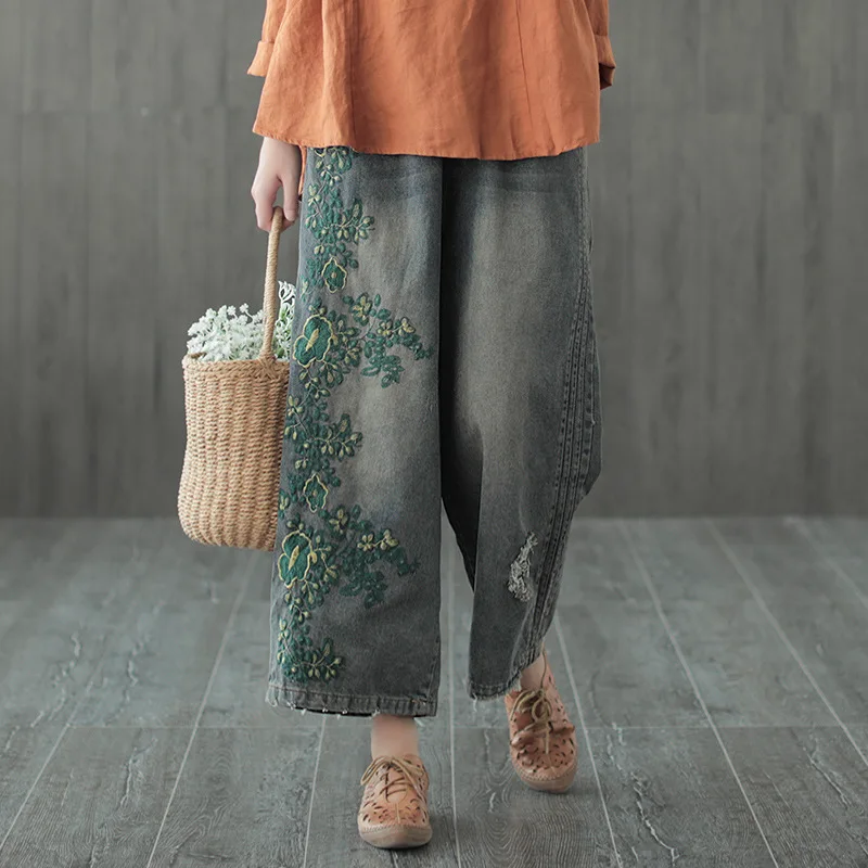 

NINI WONDERLAND 2024 Spring Cotton Denim Wide Legged Pants Women Elastic Waist Embroidered Jeans Autumn Loose Ankle Length Pants