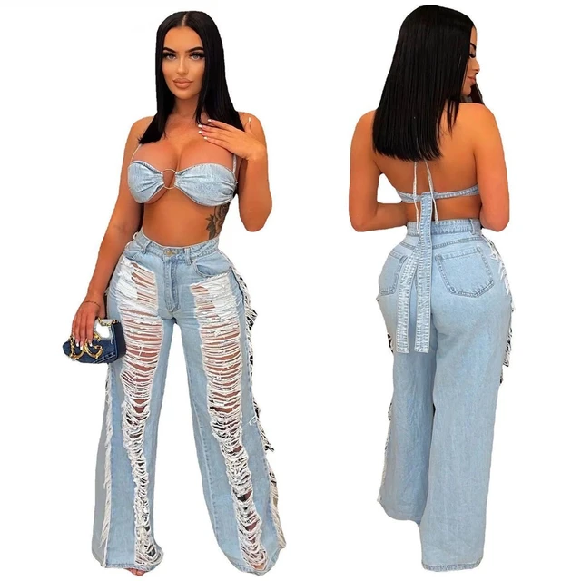 Sexy Strapless Tops Denim Pants Two Piece Set Women Lace Up Bra Ripped Jeans  Suit Ladies Fashion Streetwear Outfits 2022 - Pant Sets - AliExpress