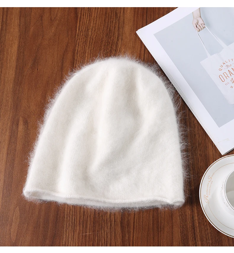 Frauen 100% Wolle Plüsch Gestrickte Beanie Lange Flusen Hut Einfache Feste Kappen Gerollt Saum Weiche Wolle Winter Warme Haar Motorhaube – Detail 5