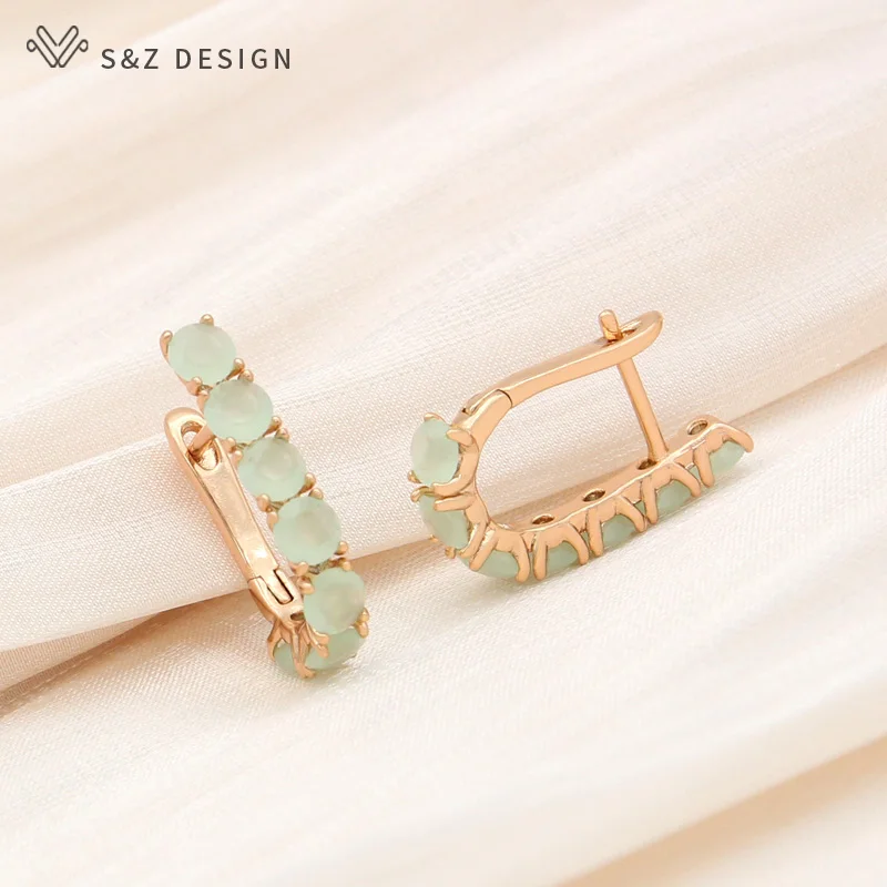 S&Z DESIGN New Fashion Green Round Crystal Dangle Earrings For Women Wedding Jewelry Rose Gold Color Cubic Zirconia Eardrop