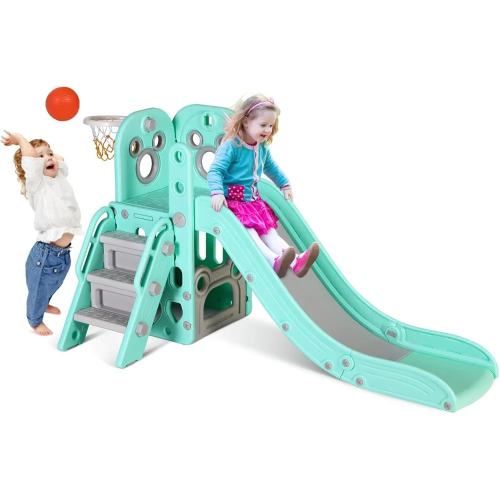 Kids Slide L-Shaped, 5 in 1 Slide Climber for Toddler, with Ball & Hoop, Storage Space and Non-Slip Steps, Indoor Outdoor