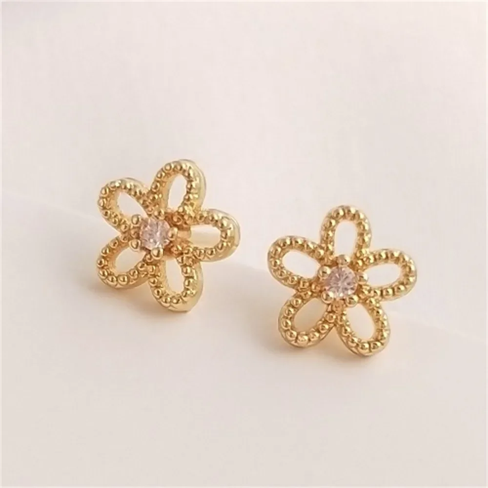 

S925 Silver Needle 14K Gold Inlaid Zircon Hollow Flower Earrings 7mm Six Petal Flower Earrings Exquisite Earrings E120