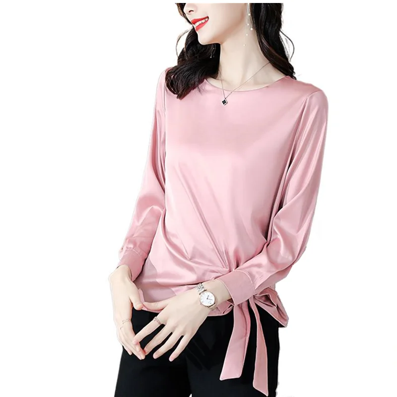 

Elegant Office Blouse 2023 Spring Women Long Sleeve Satin Slik Tops lace up chiffon Blusas Femininas Streetwears shirts