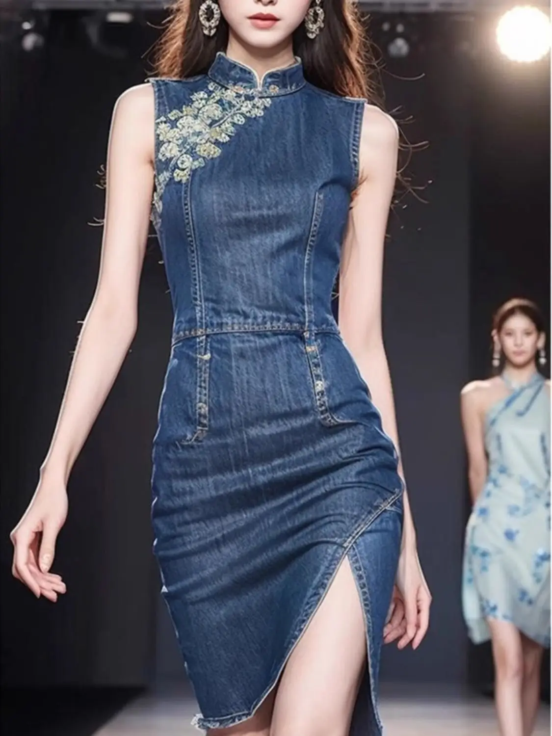 Yeni High end mizaç yeni çin tarzı Denim elbise yaz geliştirilmiş kadınlar için Qipao Vintage kolsuz zayıflama kısa elbise