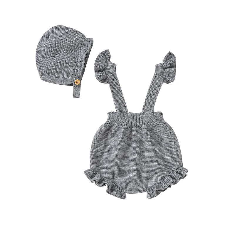 

Fashion Infant Girls Clothes Solid Sleeveless Knitted Newborn Babies Strap Bodysuits Tops Hats Sets 0-18m Toddler Kids Costumes