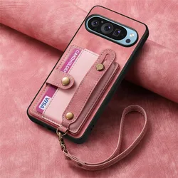 Vintage PU Leather Wrist Strap Stand Phone Case with Wallet & Card Holder - Shockproof Cover - Goole Pixel 8Pro (Pink)