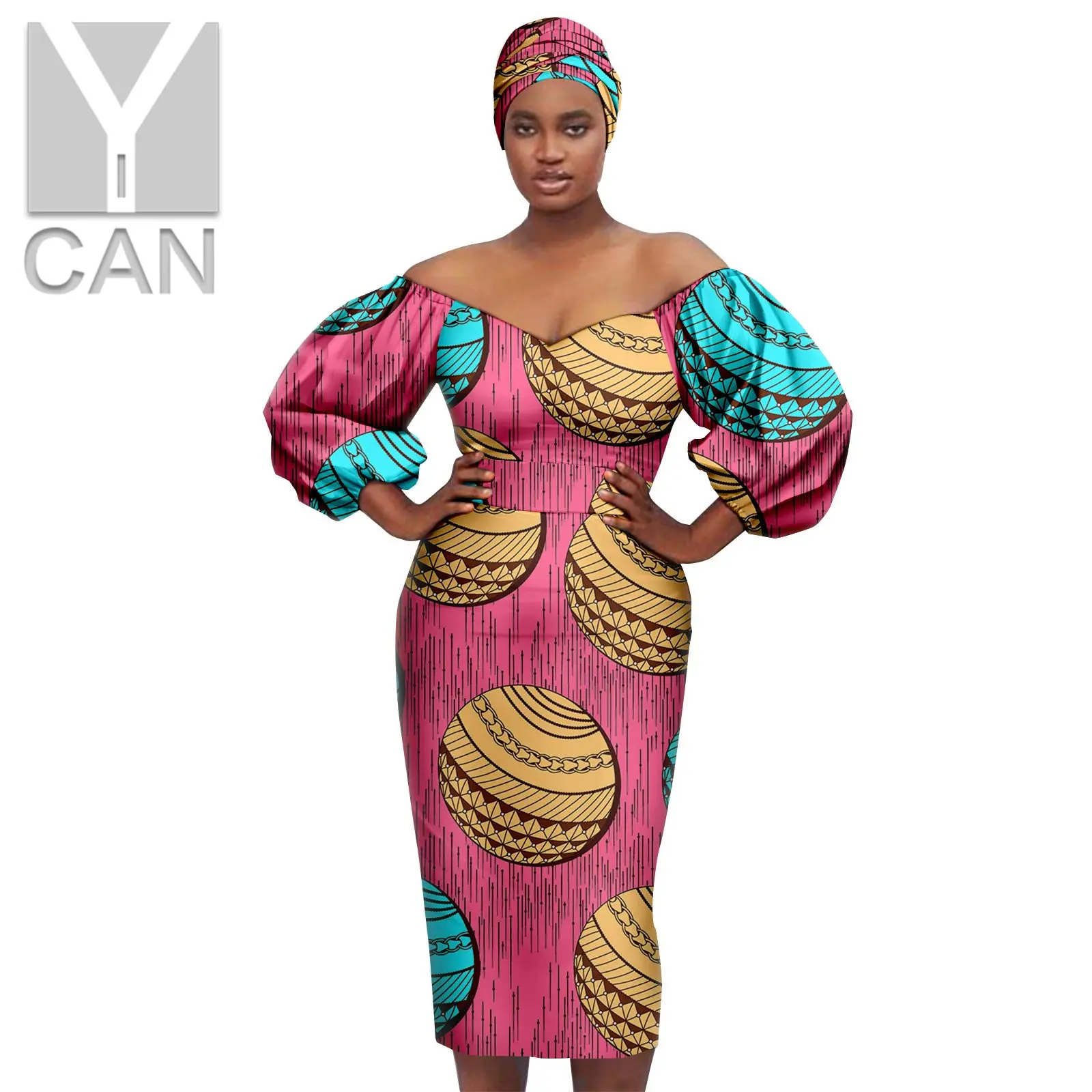 

Dashiki African Dresses for Women Sexy V-neck Knee-length Cotton Latern Sleeve Slim Print Skirt with Turban Headtie Y2225046