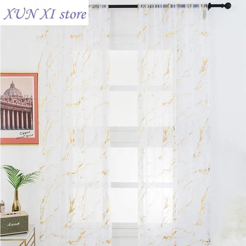 

Curtains Tulle for Living Room Marble Striped Gold Silver Printed Tulle Home Balcony Vertical Curtain cortinas White Blackout